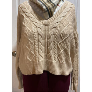 CAbi #5636 Cropped Cable Pullover Sweater | Straw Beige Ivory V-Neck Knit NWOT